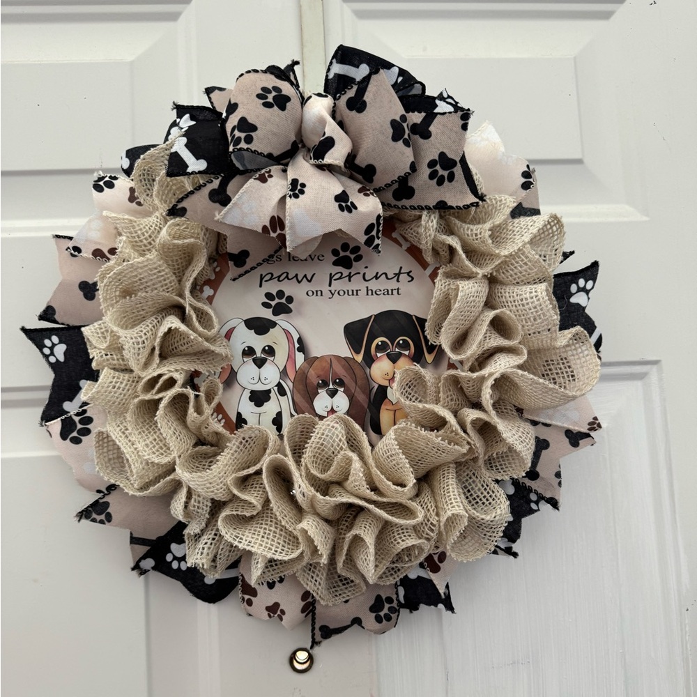 Handmade 16” Burlap Ruffle Wreath, Sign, Ribbon Flags, and Bow
